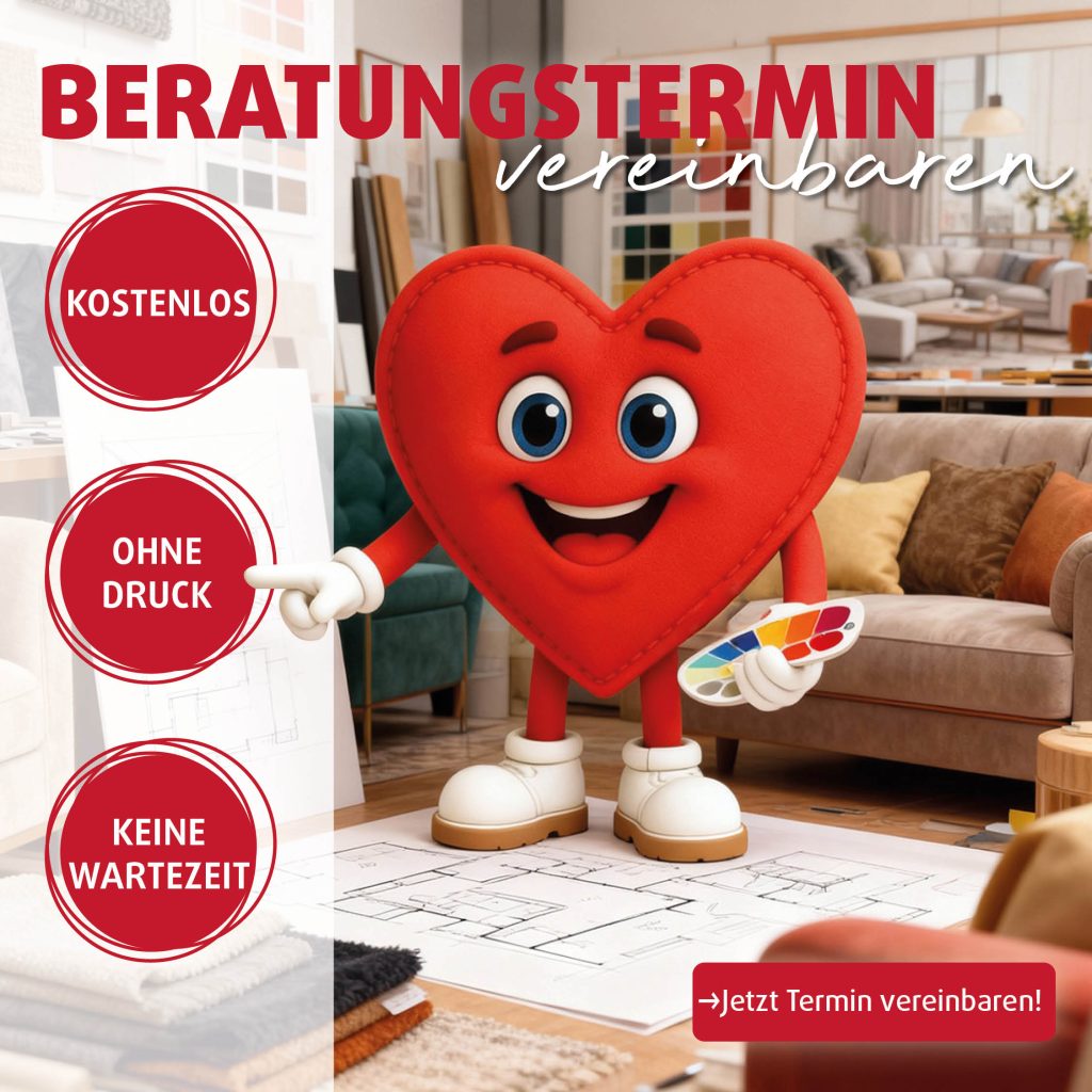 Beratungstermin für Sofa, TV-Sessel, Boxspringbetten und Speisezimmer bei Polstermöbel Fischer: Freundliches Herz-Maskottchen mit Farbpalette im modernen Wohnzimmer – kostenlose Beratung ohne Druck und ohne Wartezeit jetzt Termin vereinbaren.