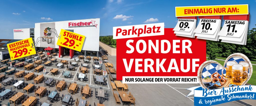 Parkplatz-Sonderverkauf bei Polstermöbel Fischer mit Aktionspreisen, Bierausschank und regionalen Schmankerln