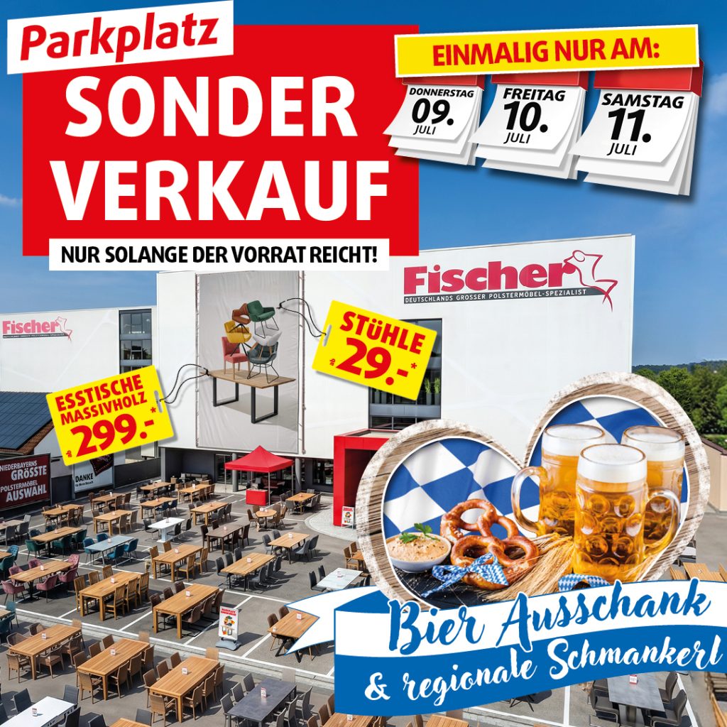 Parkplatz-Sonderverkauf bei Polstermöbel Fischer mit Aktionspreisen, Bierausschank und regionalen Schmankerln