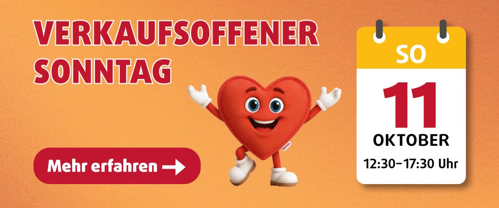 Verkaufsoffener Sonntag bei Polstermöbel Fischer am 11. Oktober von 12:30 bis 17:30 Uhr mit Lieblingsplatz-Maskottchen.