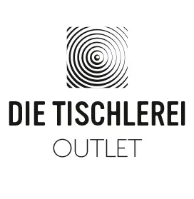 Schwarzweiße kreisförmige Grafik mit Aufschrift "Die Tischlerei Outlet".