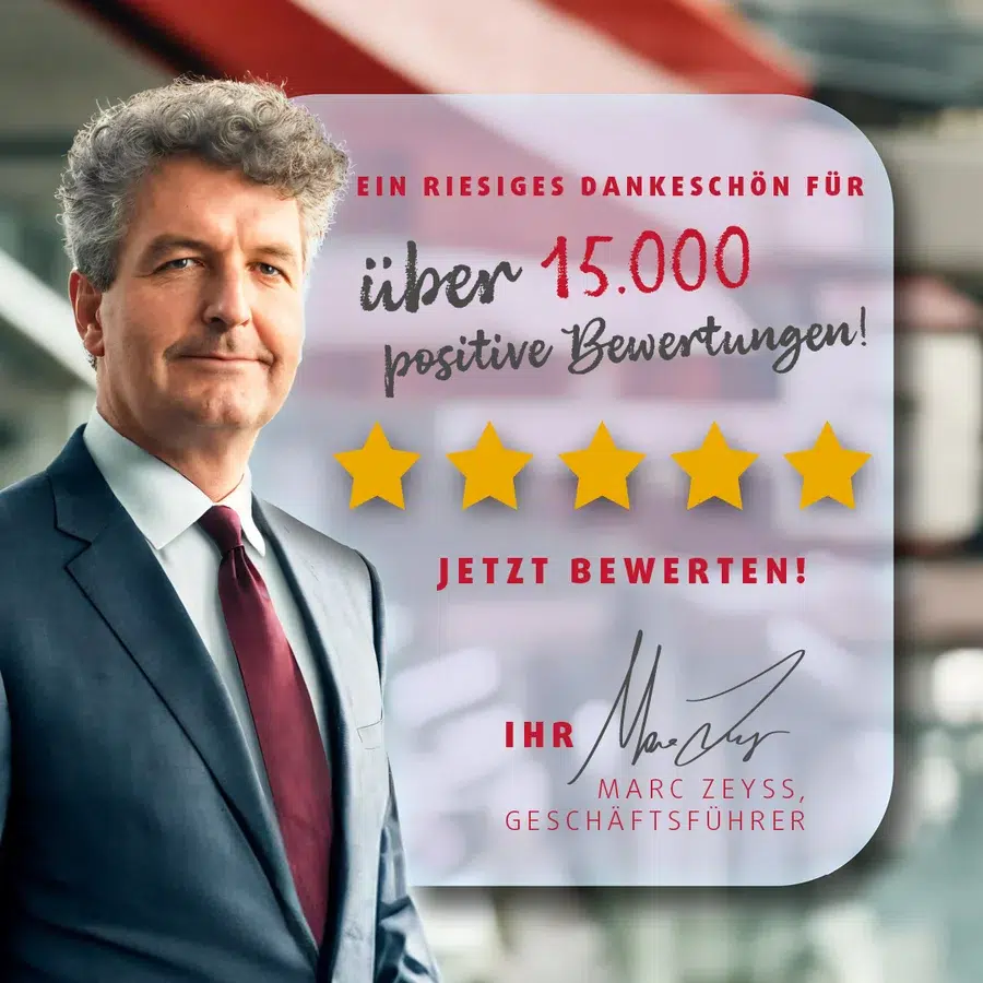 Zufriedener Geschäftsführer dankt für über 15.000 positive Bewertungen.