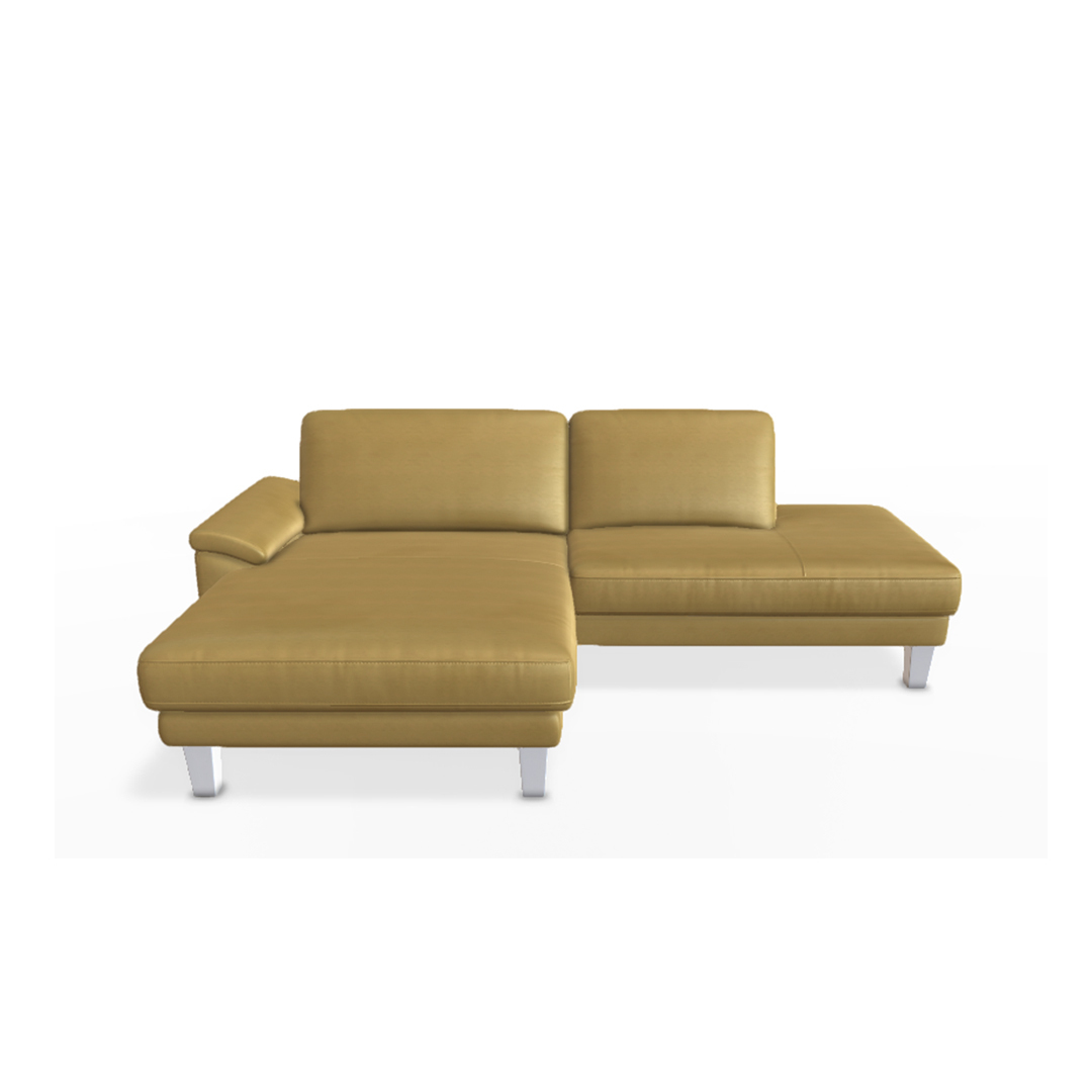 Gelbes Ecksofa mit Sitzkissen.