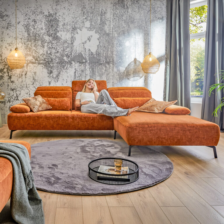 Akad'or Ecksofa Stoff orange mit Kopfteilverstellung