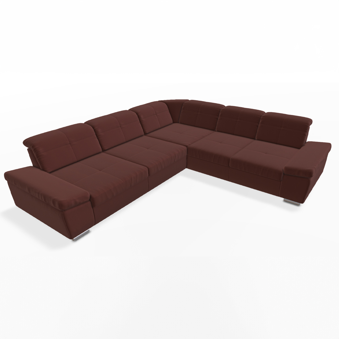 Braunes Ecksofa mit gepolsterten Sitzen.