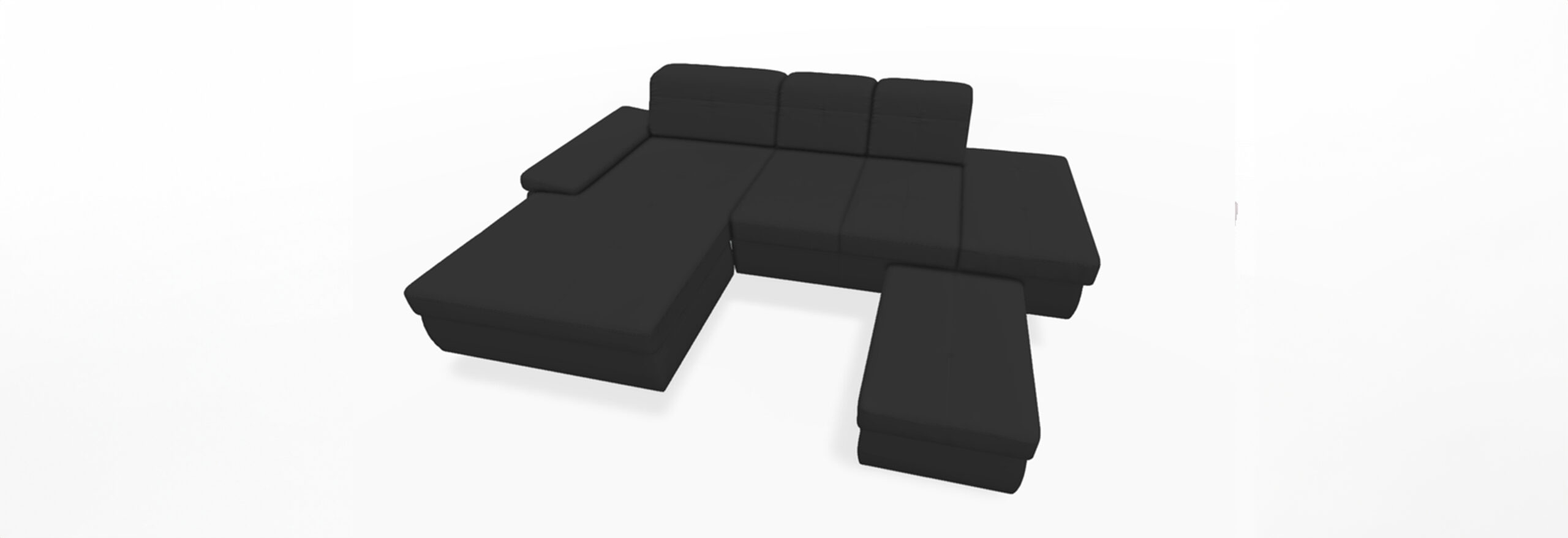 Schwarzes, modulares Sofa-Arrangement.