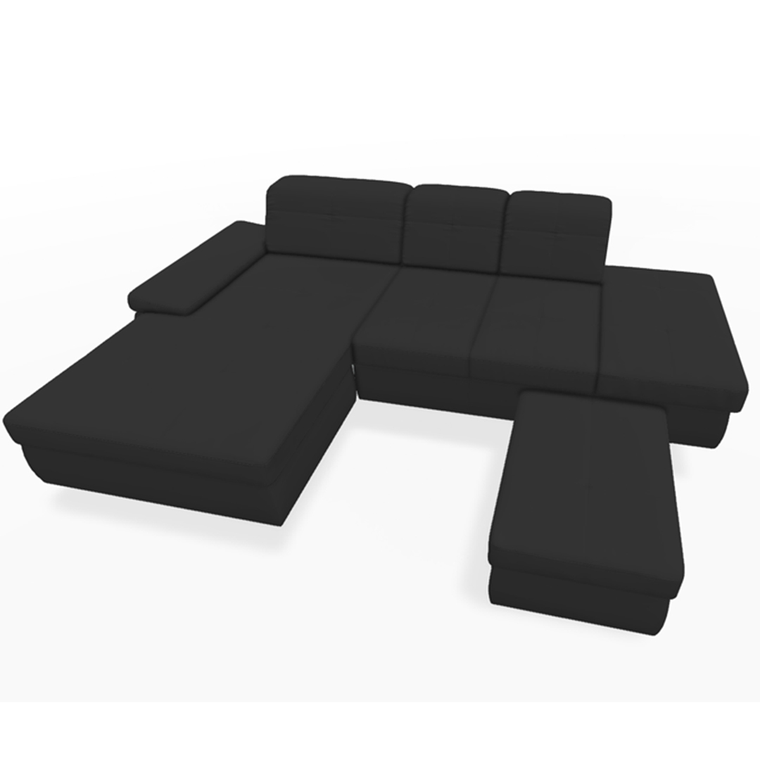 Schwarzes, modernes Ecksofa mit Sitzflächen.
