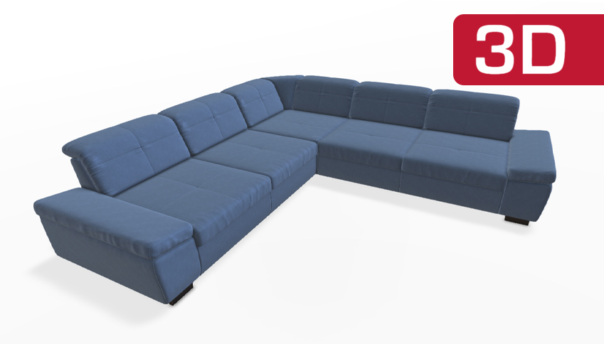 Moderne, blau gepolsterte Wohnzimmercouch mit Ecksofa-Design.