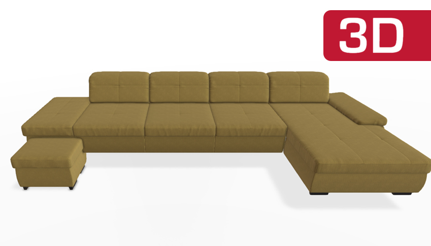 Großes beiges Ecksofa mit Chaiselongue.