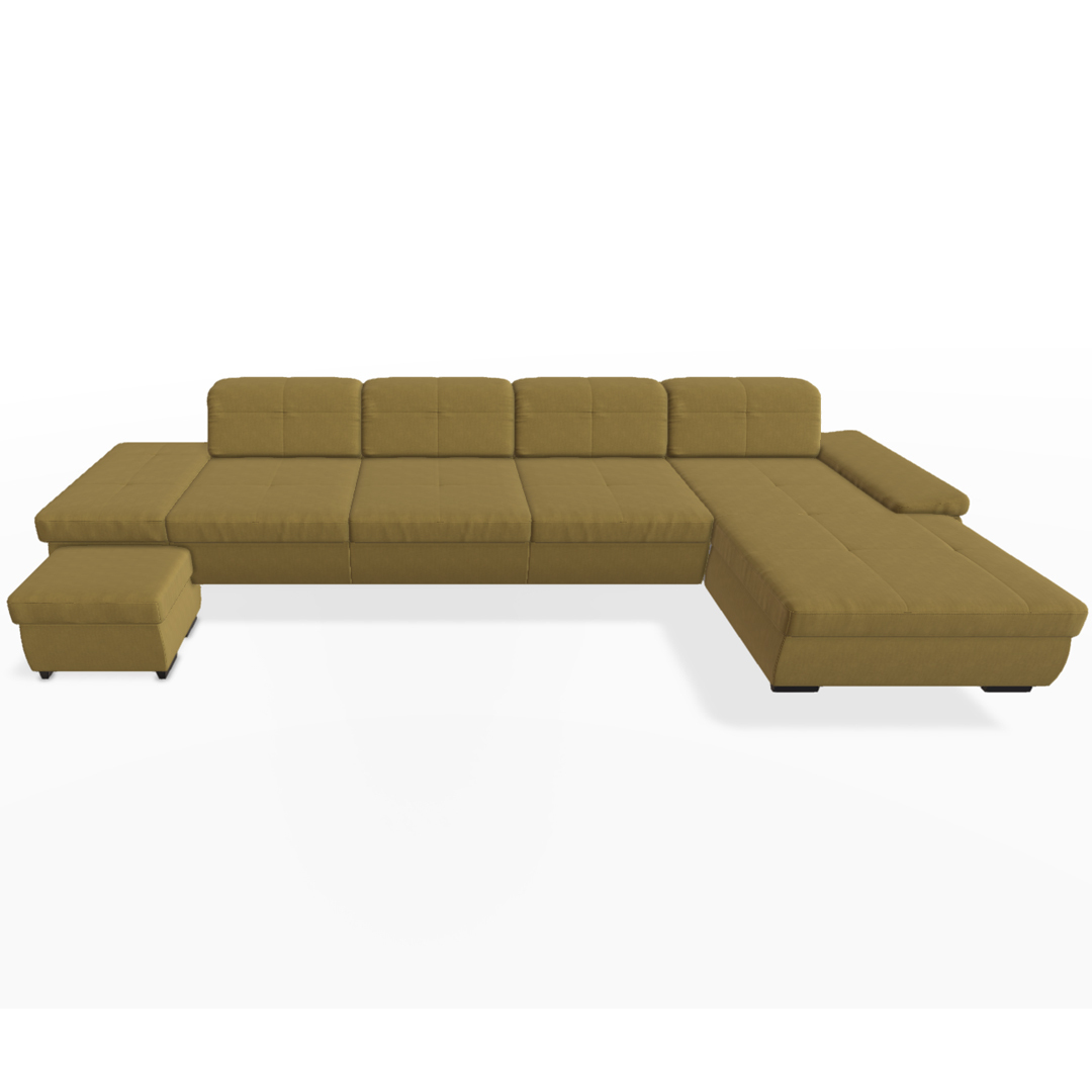 Großes braunes Ecksofa mit Sitzflächen und Rückenlehnen.