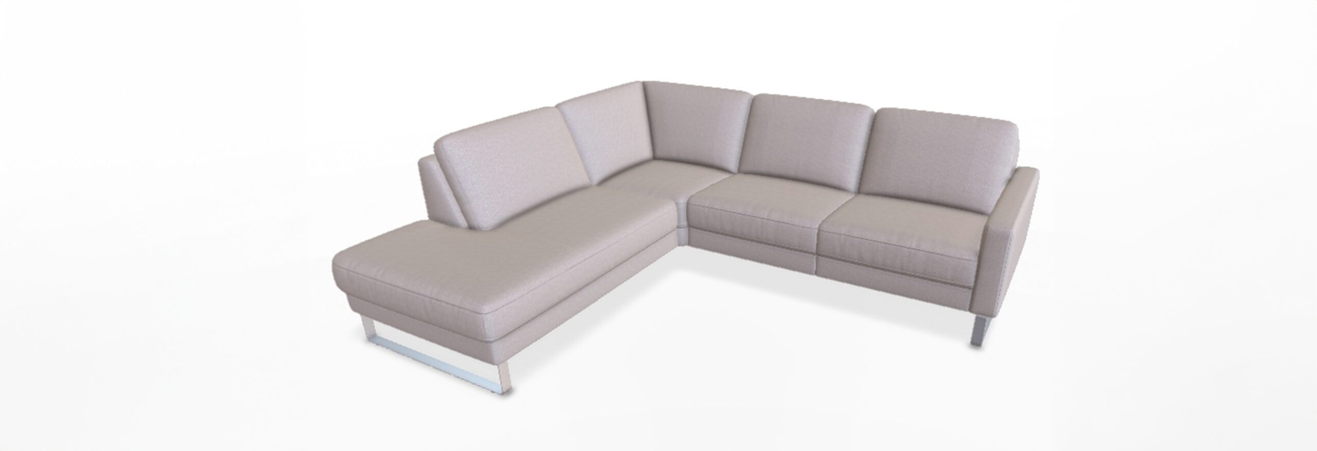 Ecksofa aus grauem Stoff mit Metallrahmen.