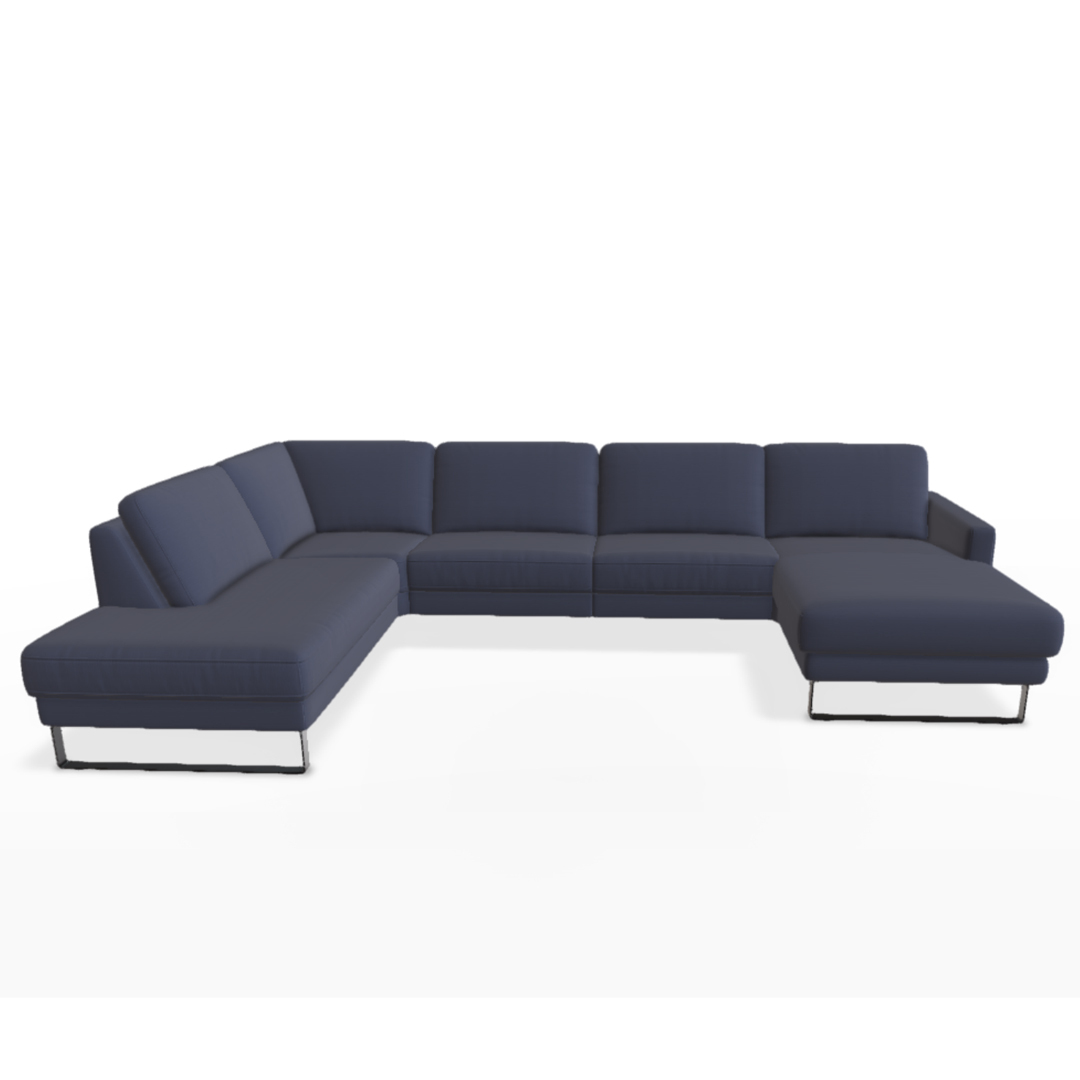Großes, graues Ecksofa mit modernen Formen.