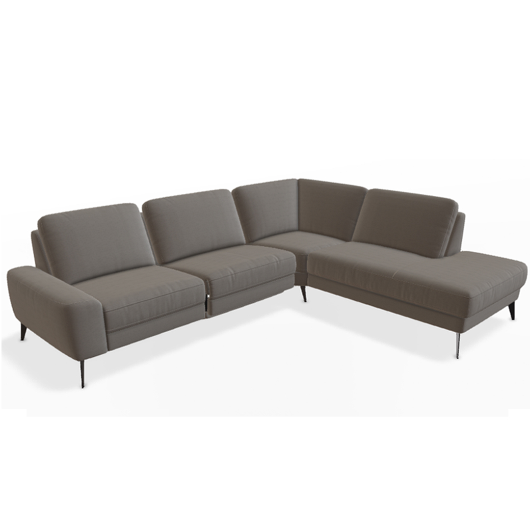 Graues, modulares Ecksofa mit schwarzen Metallbeinen.