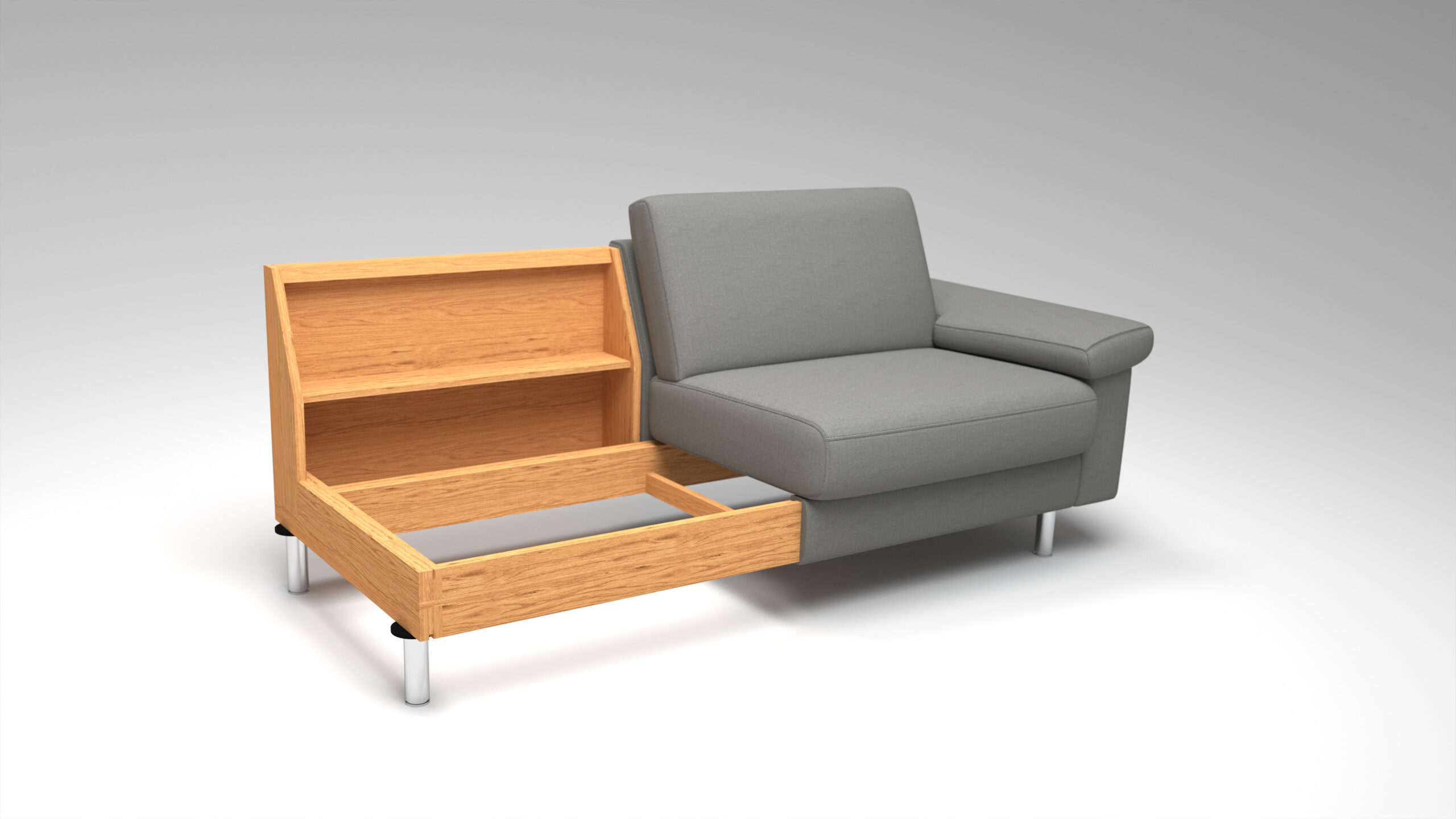 Graues Sofa mit ausziehbarem Holzkasten.