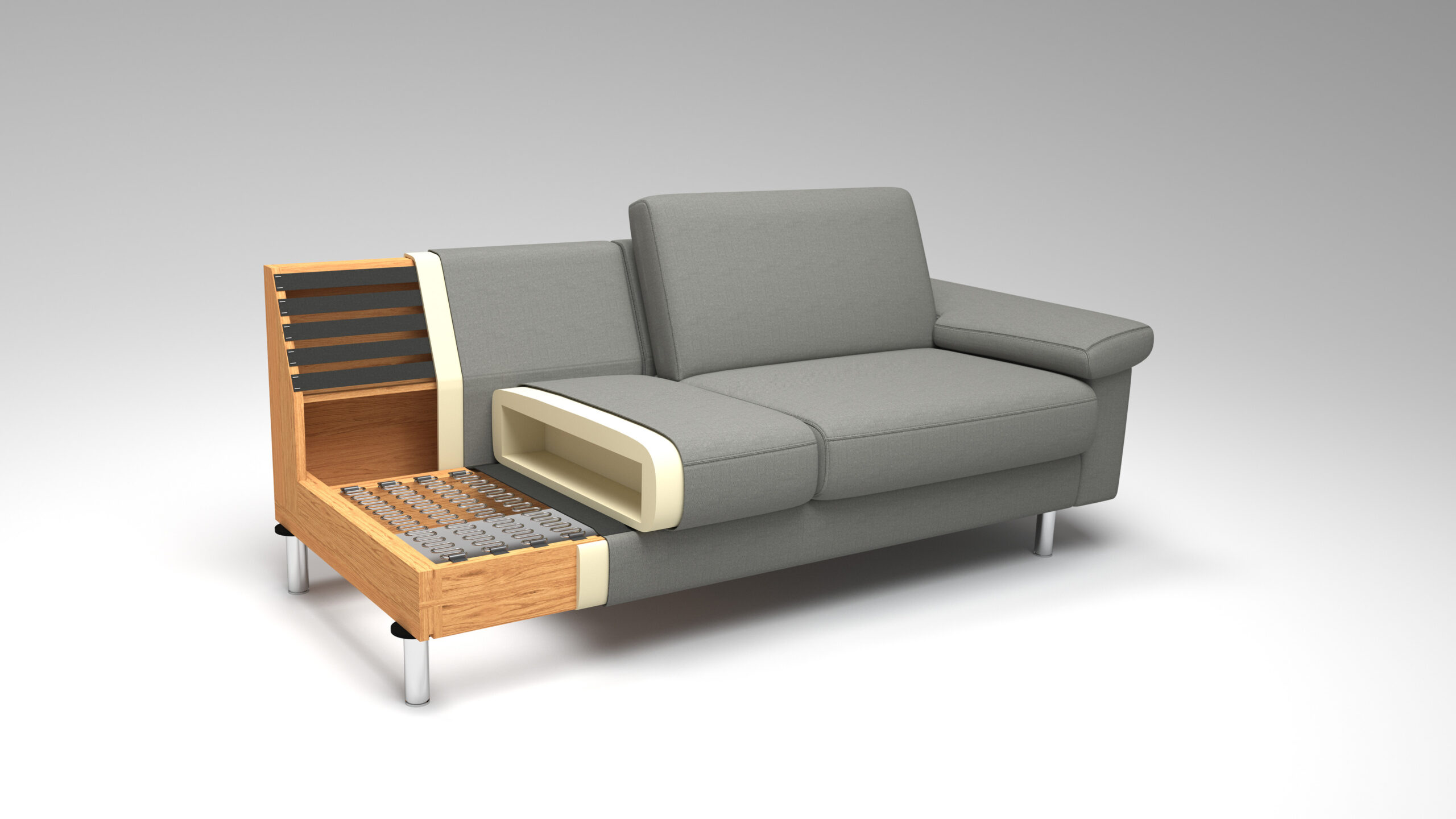 Graues Sofa mit Aufbewahrungsfächern und Holzrahmen.