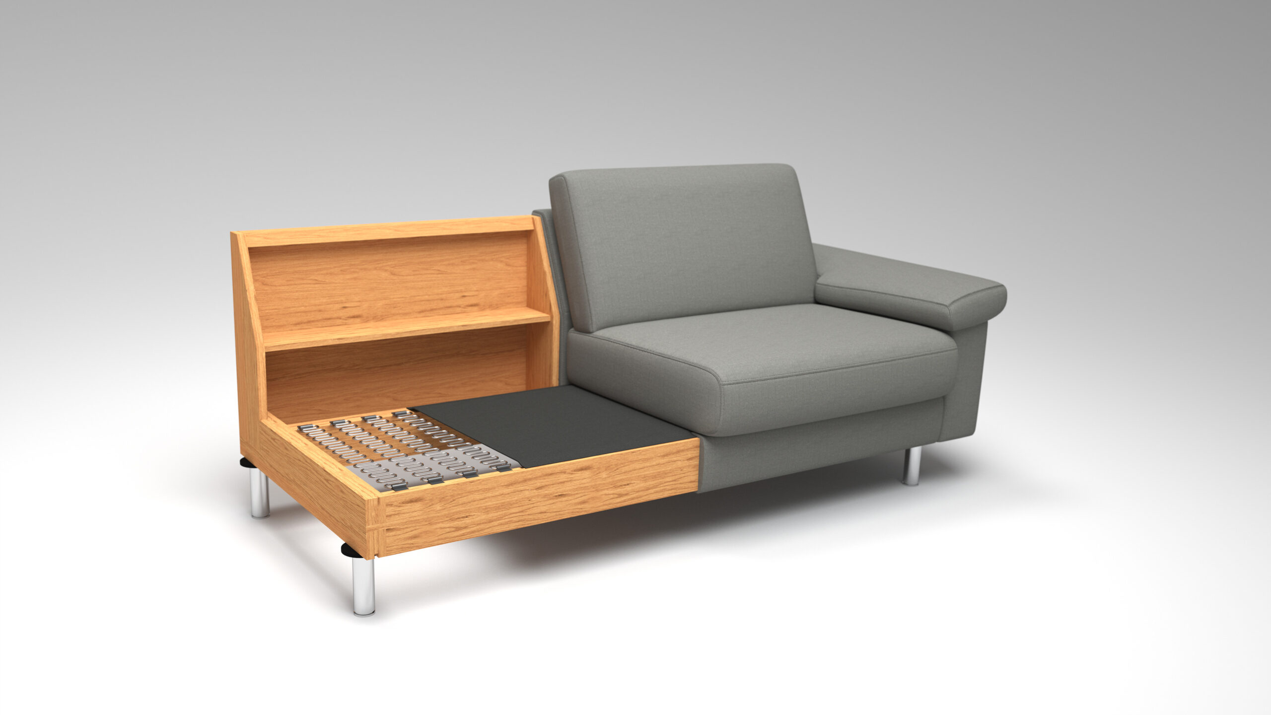 Sofa mit ausziehbarer Computertastatur und Regalfach.