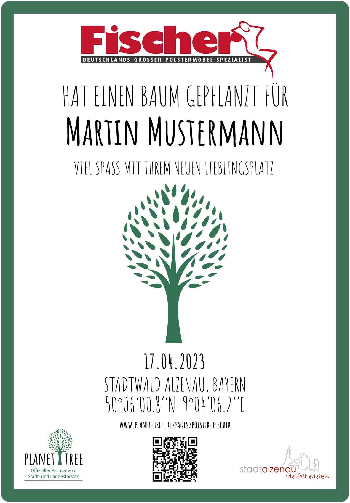 Firmenwerbung für Pflanzung eines Baumes für Martin Mustermann.