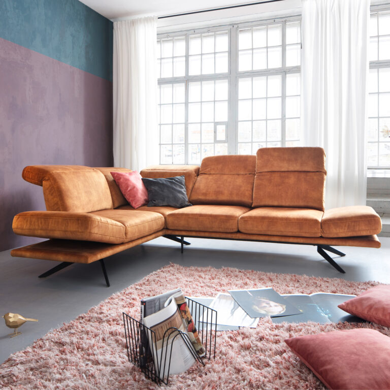 Modernes Wohnzimmer mit Ledercouch und Fensterfront