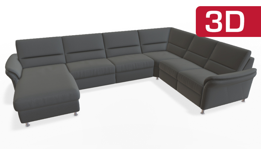 Großes modernes Ecksofa mit grauen Polstern.