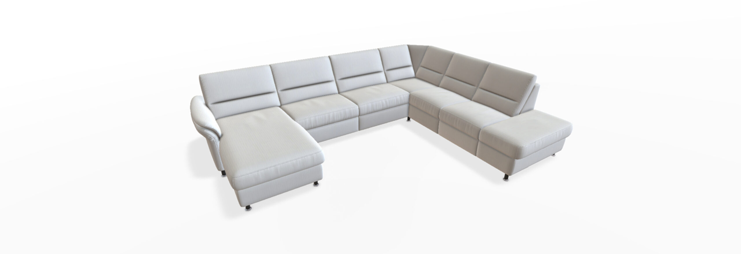 Großes, modernes, weißes Ecksofa mit Sitzpolstern.