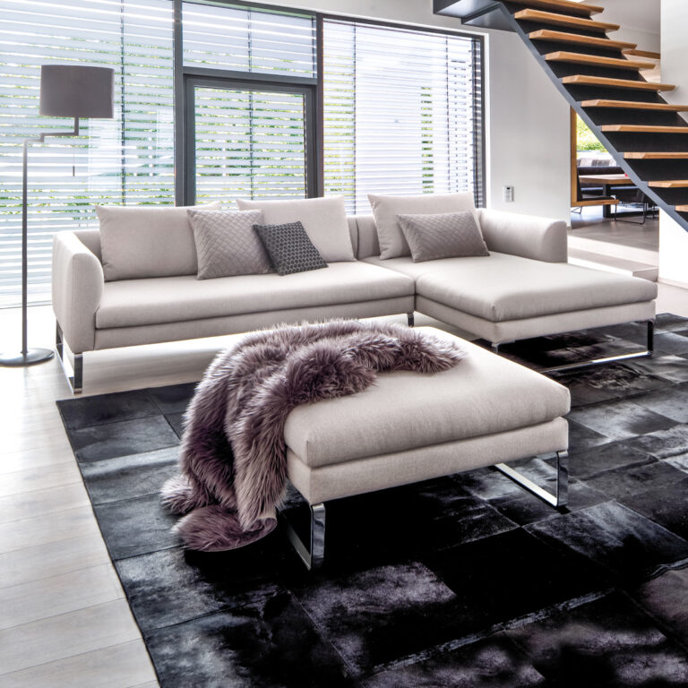 Geräumiges modernes Wohnzimmer mit Couch und Teppich.