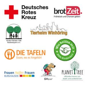 Verschiedene Logos und Symbole gemeinnütziger Organisationen.