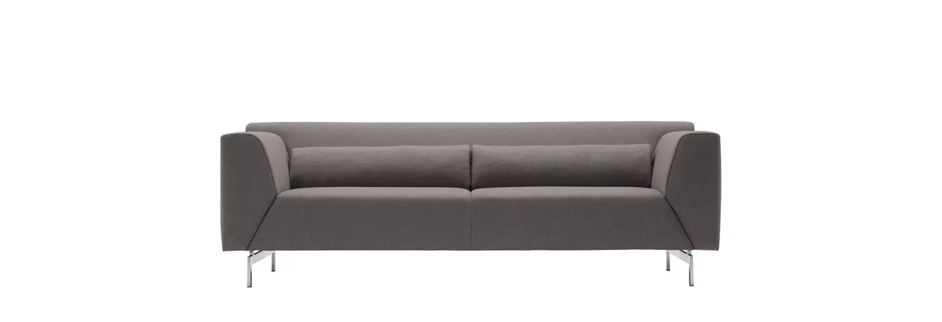 Graues, modernes Sofa mit Metallbeinen.
