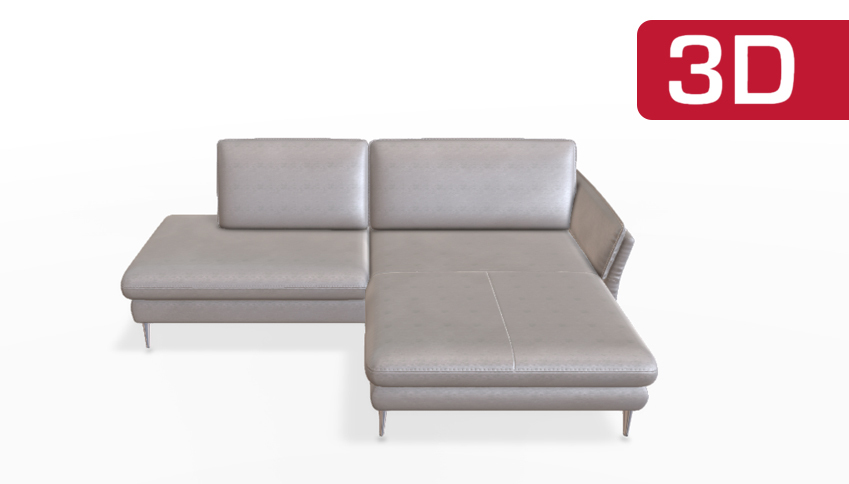 Graues, modulares Ledersofa mit 3D-Visualisierung.