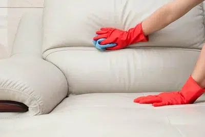 Jemand reinigt einen Sofa mit Handschuhen.