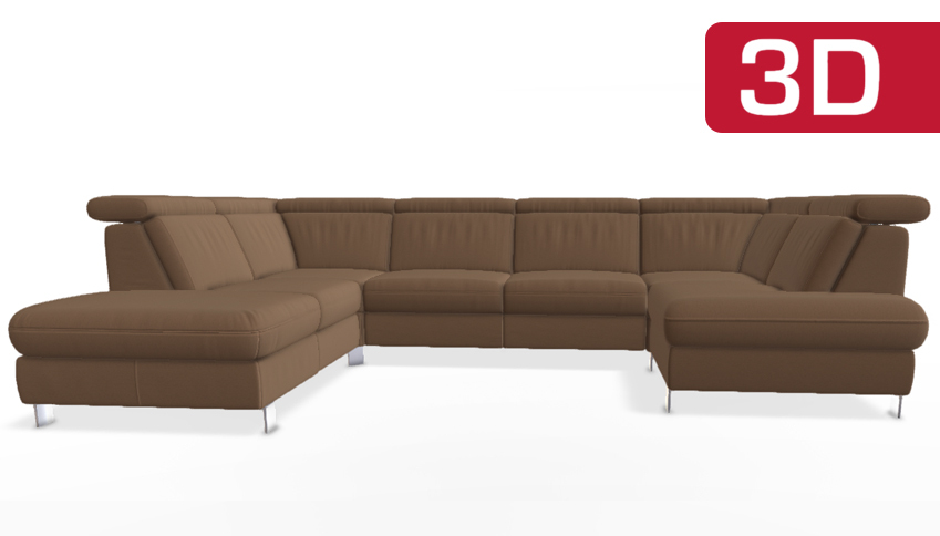 Großes braunes Leder-Ecksofa mit 3D-Design-Symbol.