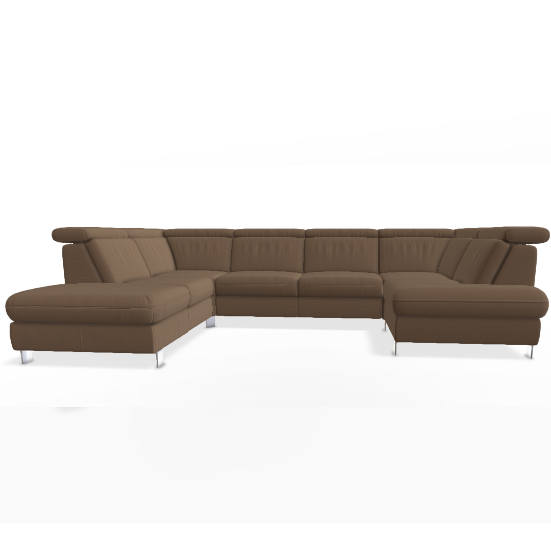 Beige Ecksofa mit Relaxfunktion.