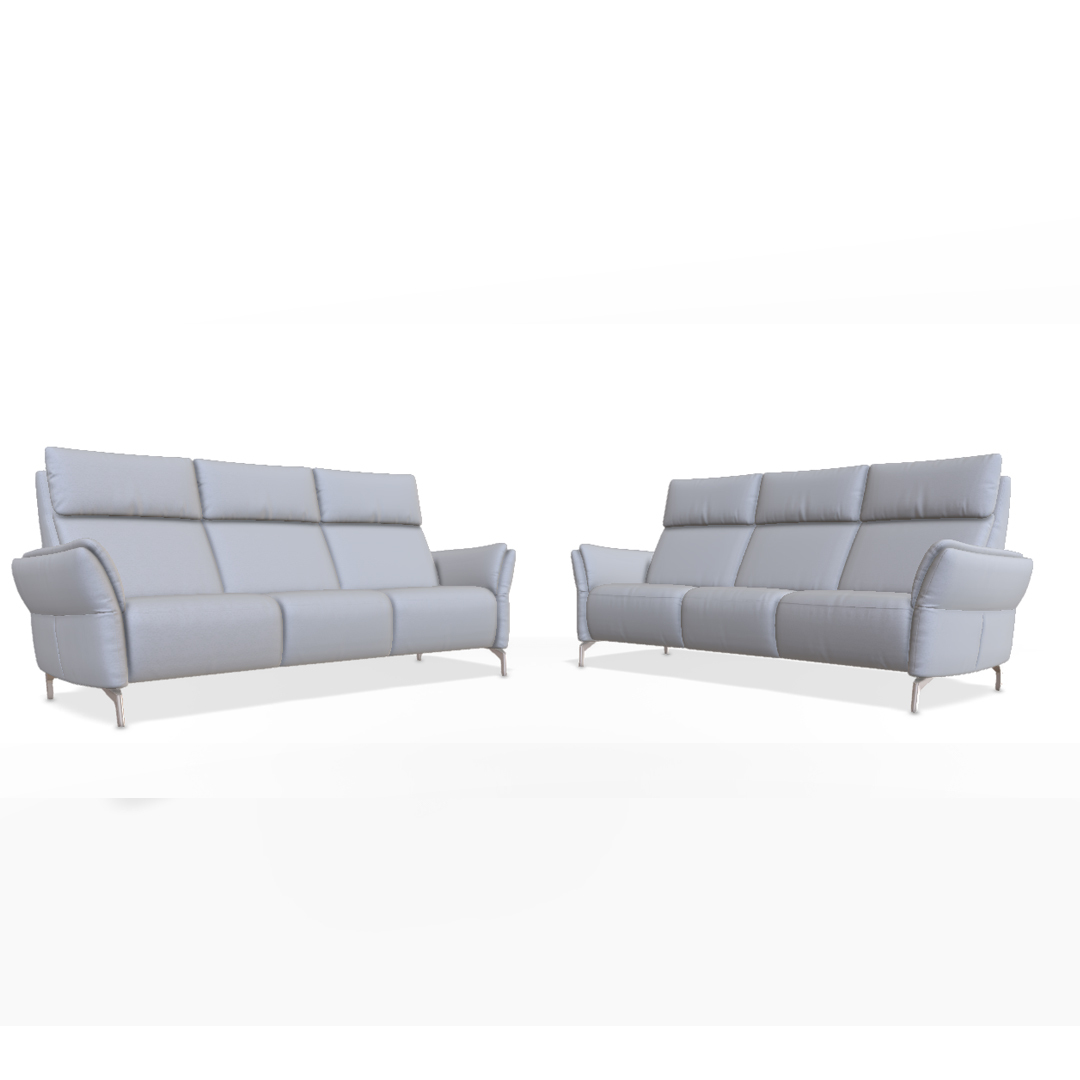 Zwei graue Ledersofas mit modernem Design.