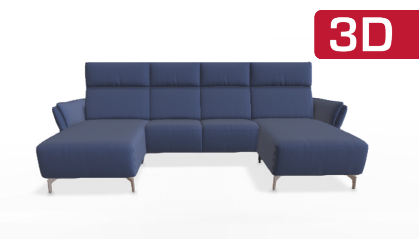 Modernes, dunkelblau gepolstertes, L-förmiges Sofa.