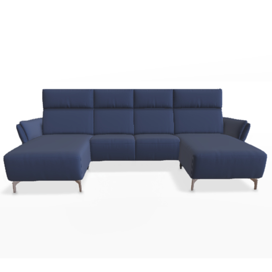 Quadratischer, blauer Stoffsofa mit Chaiselongue.