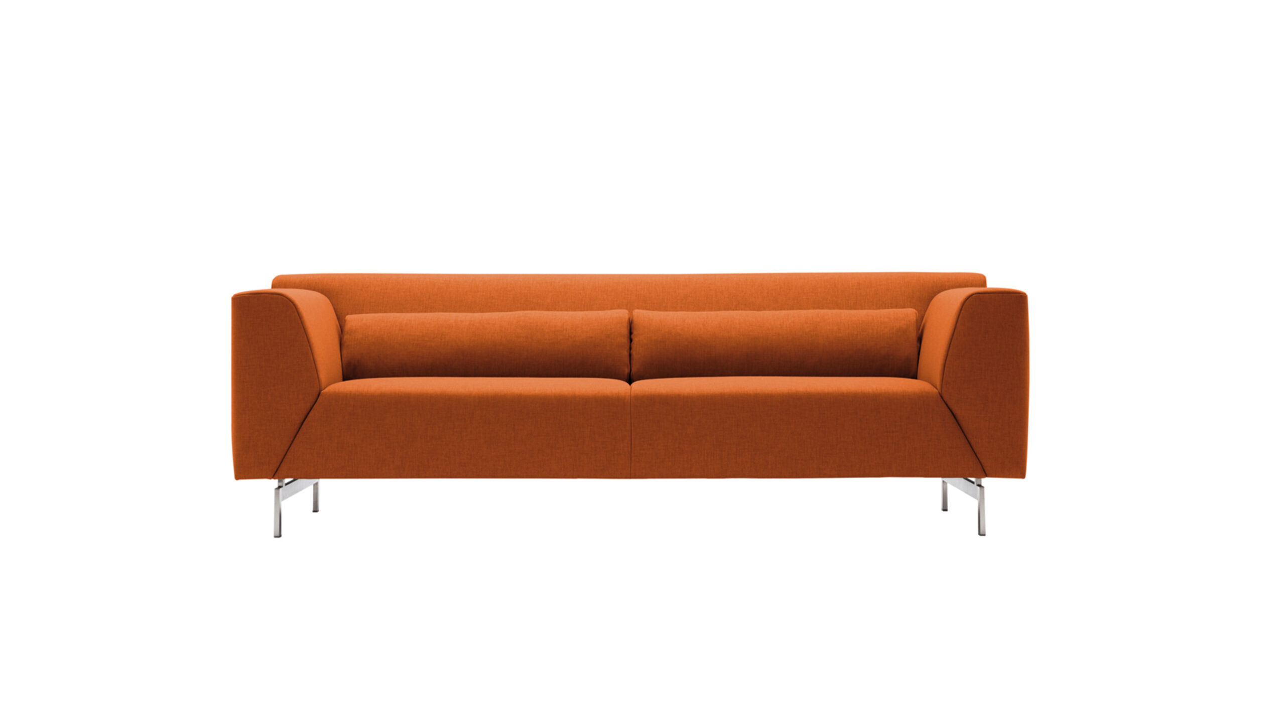 Orangefarbenes, modernes Sofa mit metallischen Beinen.