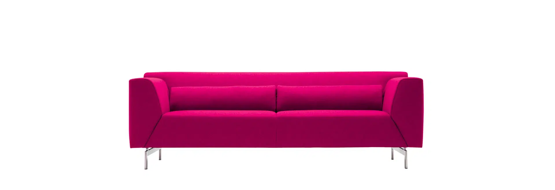 Modernes, pinkes Zweisitzer-Sofa auf weißem Hintergrund.