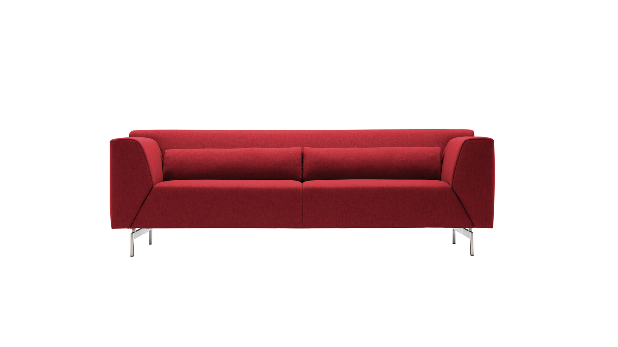 Rotes, modernes Sofa mit eleganten Armlehnen.