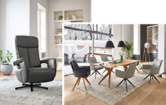 Modernes Wohnzimmer mit Essbereich und Sitzmöbeln.