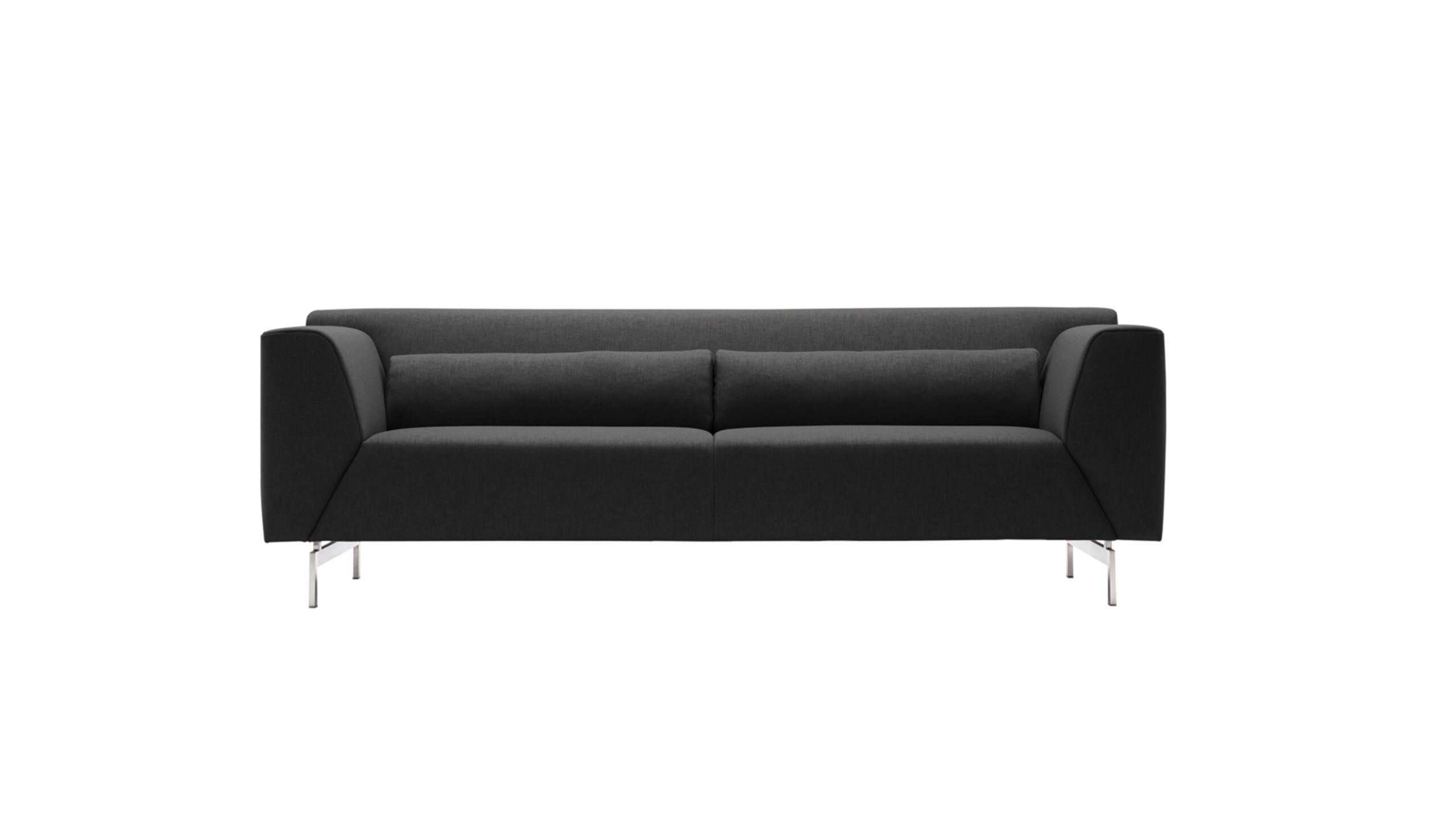 Schwarzes, modernes Sofa mit Metallbeinen.