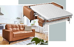 Moderne Wohnzimmereinrichtung mit Sofa, Schrank und Pflanze.