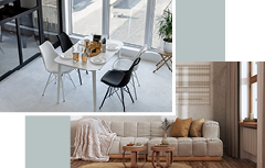 Ein Wohnzimmer mit gemütlicher Sitzecke und Dekorationen.