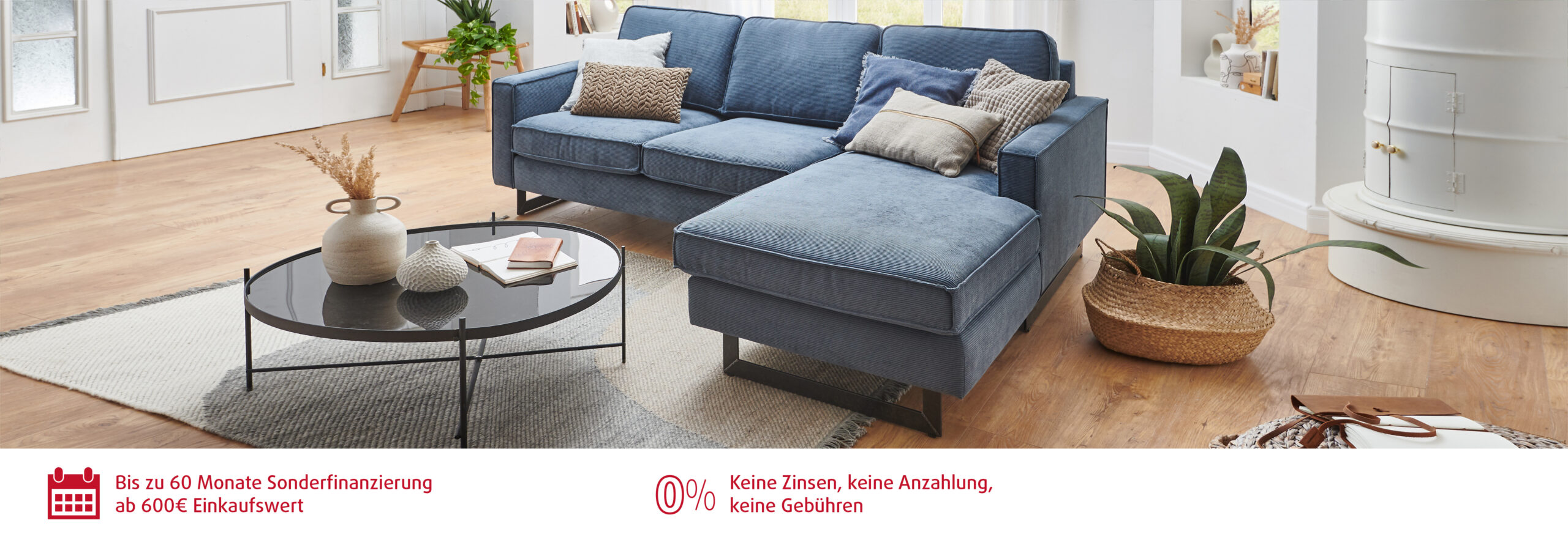 Gemütliches, modernes Wohnzimmer mit blauer Couch.
