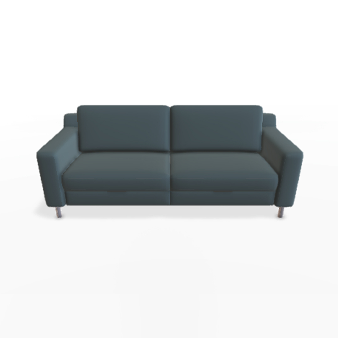 Grauer zweisitziger Sofa auf weißem Hintergrund.