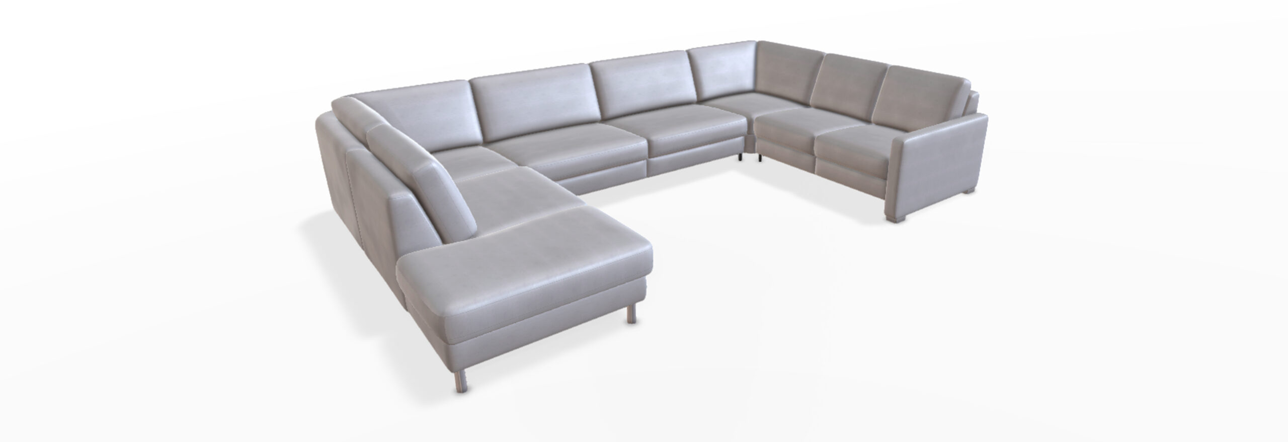 Gepolstertes, graues Ecksofa auf weißem Hintergrund.