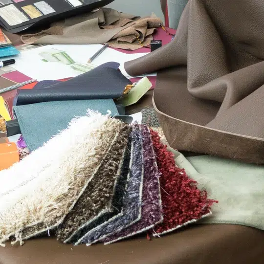 Verschiedene Stoffproben und Accessoires für Designprojekt.