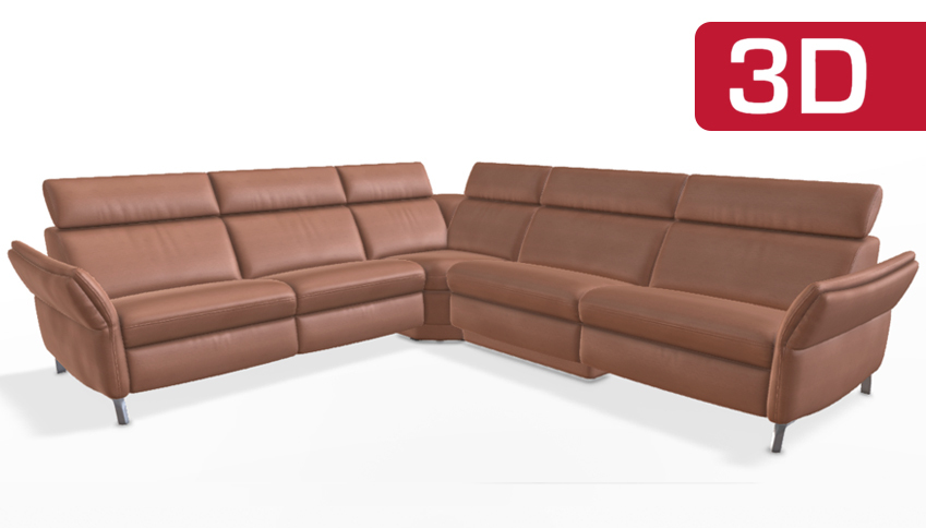 Braune, moderne Eckcouch mit 3D-Darstellung.
