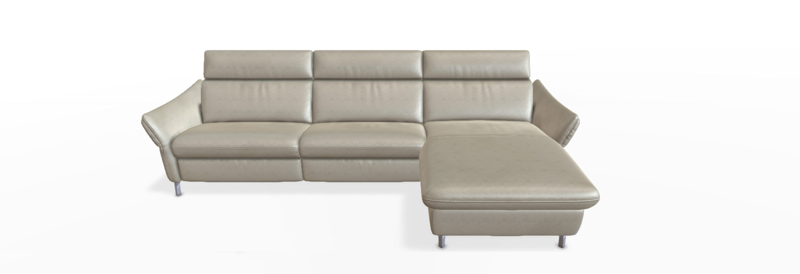 Hellbeige, modernes Ecksofa mit Chaiselongue.