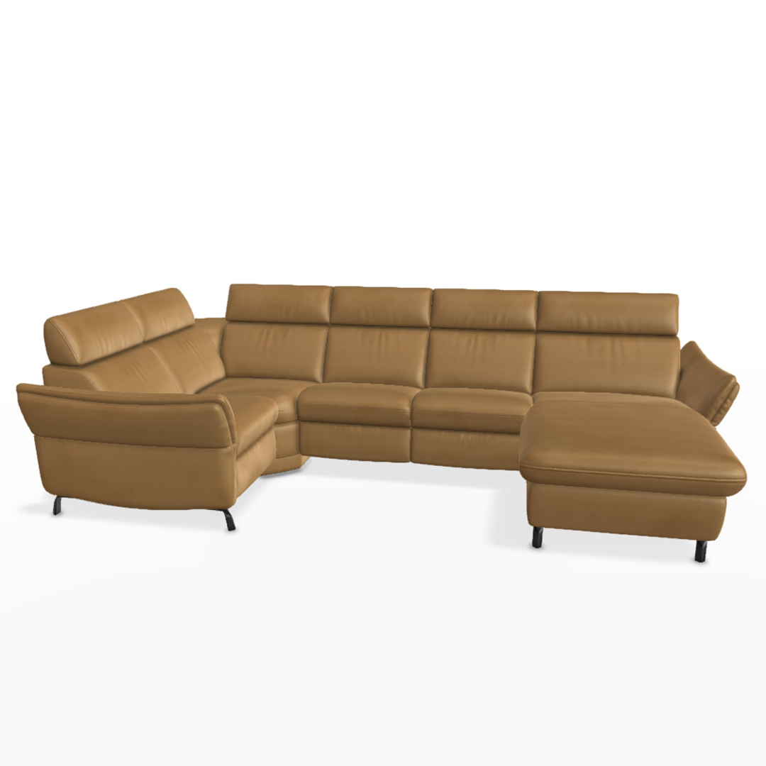 Großes, braunes Ledersofa mit Recamiere.
