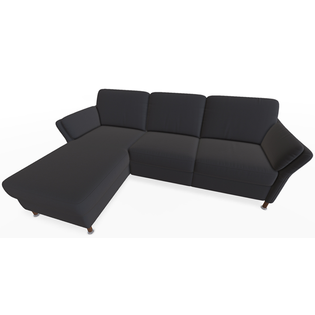 Moderne schwarze Ledercouch mit Chaiselongue.