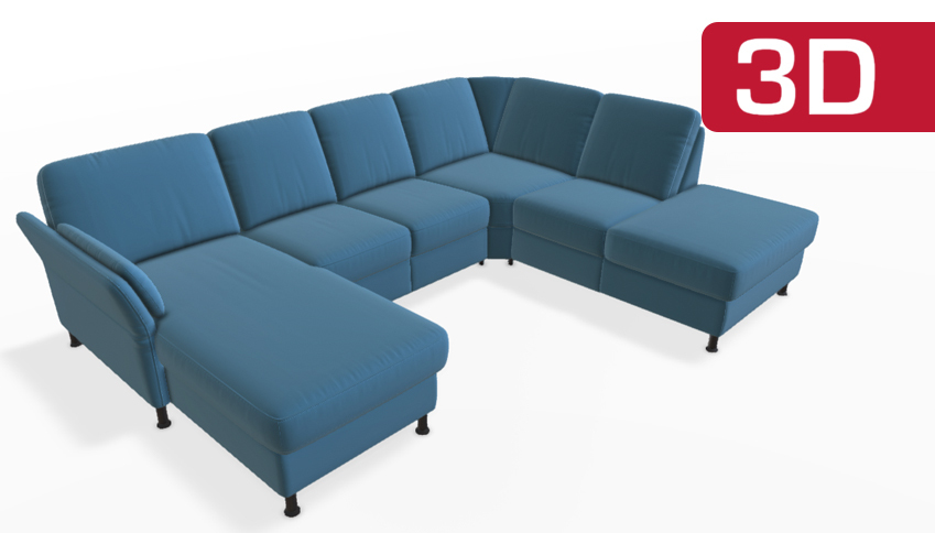 Blaugraues Ecksofa mit Sitzkissen und Polsterung.
